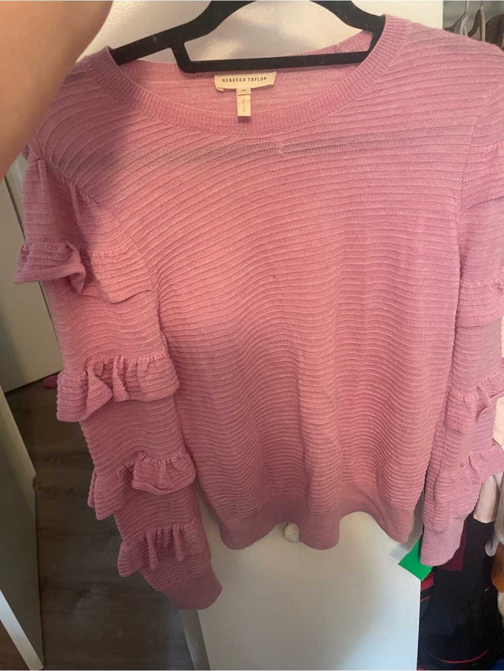 Rebecca Taylor Lilac Ruffle-Sleeve Crew Sweater 100 % Merlino Wool